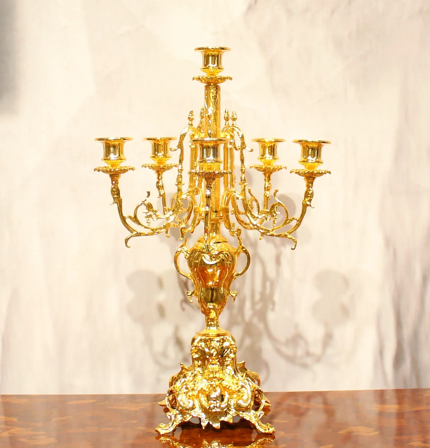 Antique European gold and copper candle holder gift with classic perforated candle stick