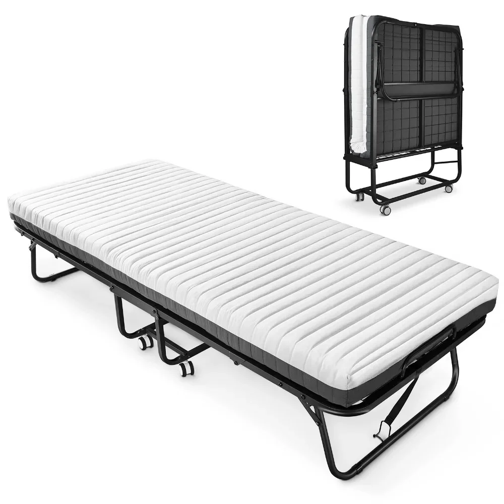 2026Folding Bed with Mattress Included Memory Foam, Portable Roll Away Adult Bed for Guest, Fold Up Soft Cot Size Bed, 75