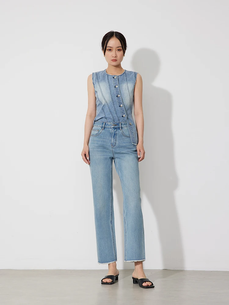 

Женские джинсы с высокой талией, прямые, красные, весенняя новинка, из хлопкового денима, с рваными краями, классический синий цвет RB0735