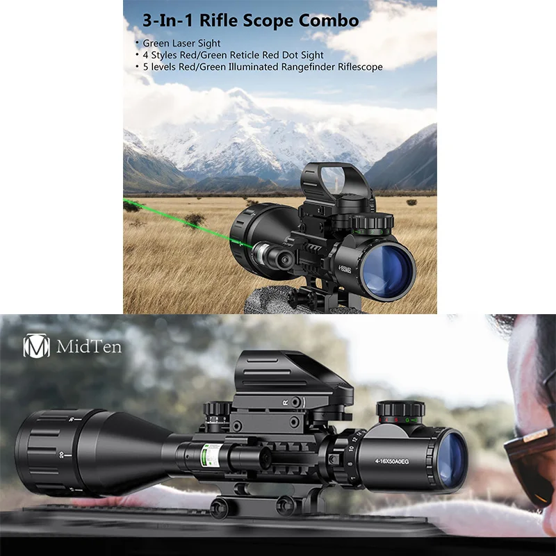 MidTen 4-16x50 AO Scope Dual Illuminated Rangefinder Optic & 4 Holographic Reticle Red Dot Sight & Laser Sight for Hunting