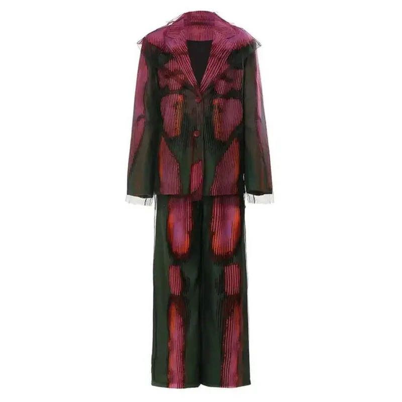 

HUISONG Two Piece Suit Wide Leg Pants Tie Dye Mesh Big Size Blazer New Lapel Long Sleeve Women Fashion Spring Autumn 2025