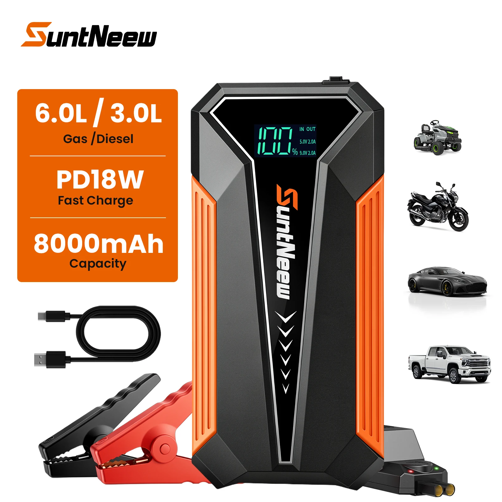 SuntNeew 12V 1500A Peak Jump Starter Power Bank 8000mAh (Up to 6L Petrol/3L Diesel),12V Battery Booster for Cars, Trucks, SUVs & Motorcycles,Compact Design with LED Light & PD 18W USB