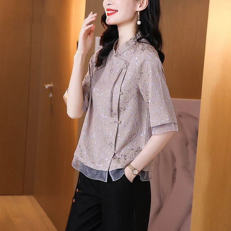 

French Chic High-end Top 2025 Summer New Chinese Style Improved Cheongsam Splicing Temperament Shirt for Women