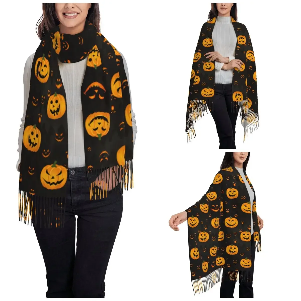 Horror Halloween Shawl Wrap for Ladies Warm Large Long Scarf Pumpkin Scary Face Pashmina Tassel Scarves