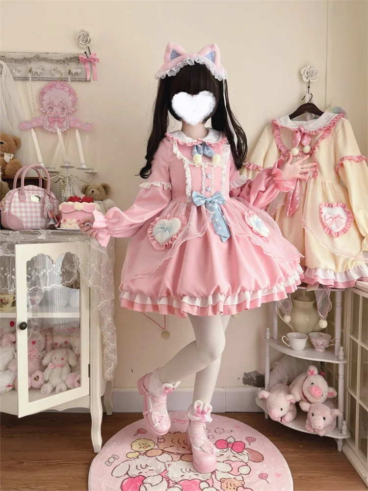 Kimokokm-kawaii lolitaフリル長袖ドレス、ピータパンカラーコスプレボウ、キャビン、リニミニドレス、ピンセット