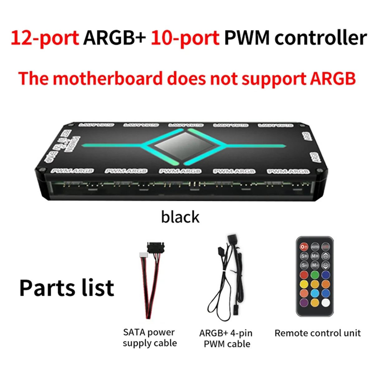 A71P 12 Port ARGB +10 Port PWM Magnetic Suction Hub with Remote Control PWM & ARGB Hub Splitter for PC Fan Hub Splitter Black