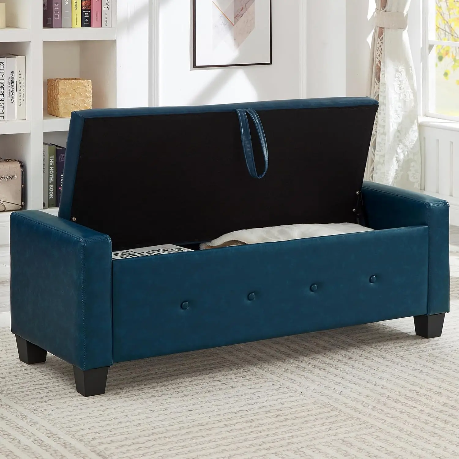 

Storage Bench for Bedroom Upholstered Tufted Ottoman Bench with Legs 48 Faux Leather Ottoman with Storage with Safety Hinge