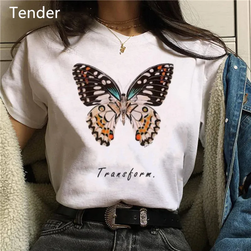 Colorful Butterfly Just Smile Graphic Print T Shirt Women's Casual One Neck Short Sleeve Hip-hop T Shirt Comfortable Clothing