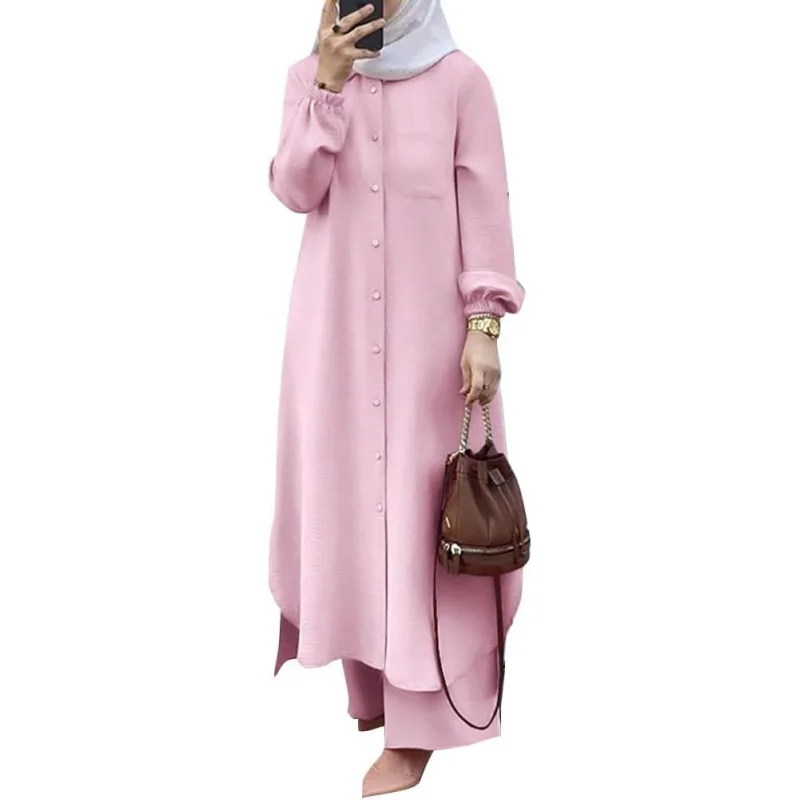 

Women's Muslim 2 Pieces Sets Long Sleeve Button Down Shirt and Pants Abaya Casual Dress Dubai Outfits