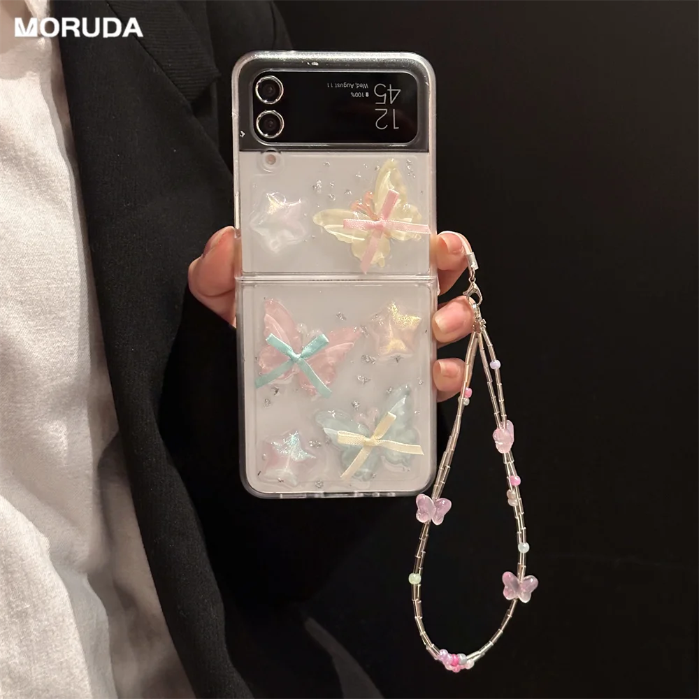 

Мультяшный милый браслет-бабочка для Samsung Galaxy Z Flip 6 5 4 3 Flip6 ZFlip5, цепочка на запястье с бантом, эпоксидная смола, Ins, корейский чехол