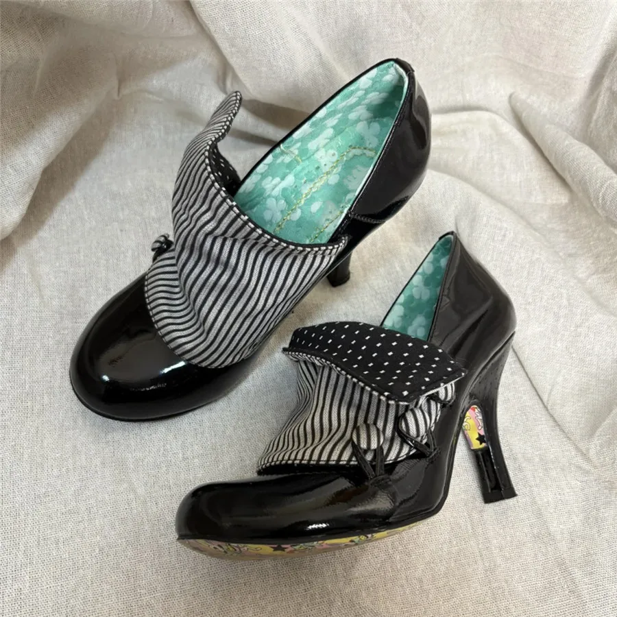 

Lolita Girl Polka Dot Mixed Color Women Pumps Turned-over Edge Design Chunky Heel Dress Shoes Woman Round Toe Party High Heels