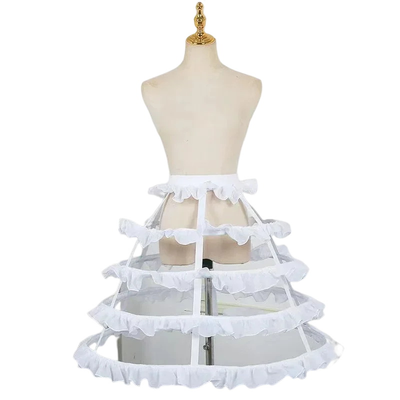 Women's White Victorian Petticoat  Hollow Cage Pannier 4 Hoops 5 Layers Ruffles Underskirt