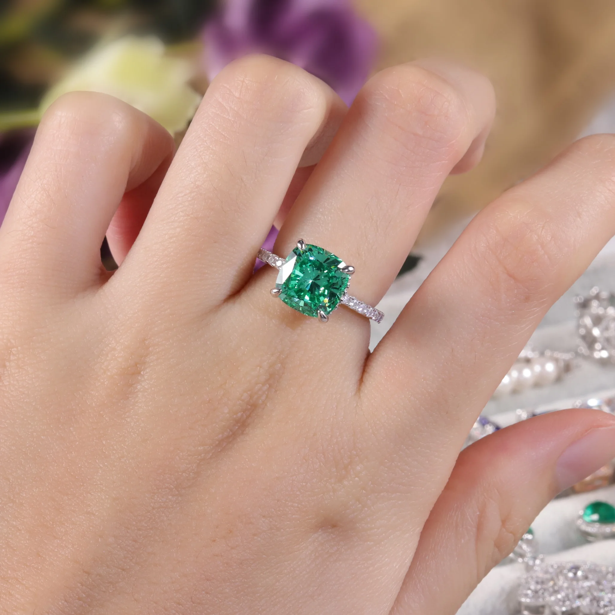 GEM\'S BALLET Cushion Cut Diamond-fire CZ - Moganite Color Engagement Ring 925 Sterling Silver Handmade Rings Gift For Her