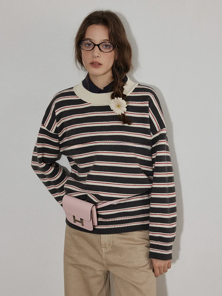 

Женский вязаный свитер Lofi Choose в винтажном стиле с полосками, круглым вырезом, из шерсти, свободного кроя, весенняя новинка, удобный, с длинными рукавами