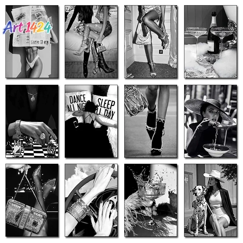 Modern Luxury Fashion Black White Art Heels Champagne Feminist Retro Poster Canvas Paintings Wall Art Pictures Home Decor