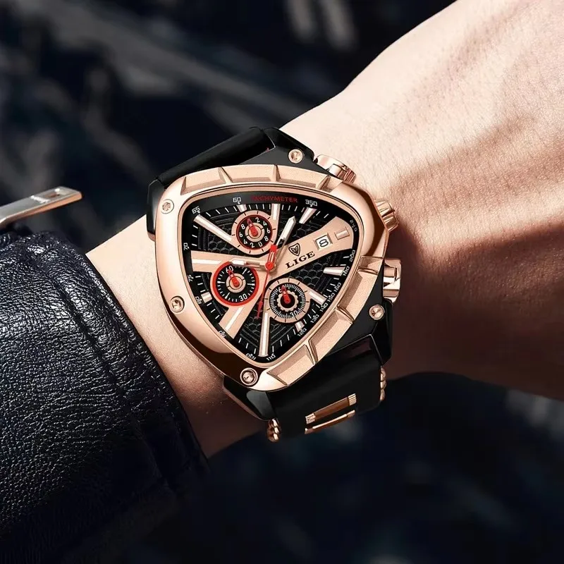 LIGE, nuevos relojes para hombre, reloj de pulsera de cuarzo triangular creativo, punteros luminosos, reloj militar con correa de goma, reloj resistente al agua para hombre