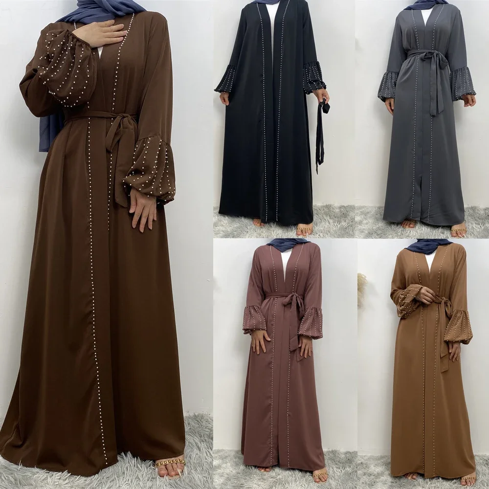 

Open Abaya Muslim Women Beads Cardigan Maxi Dress Turkey Arab Kaftan Islam Kimono Robe Dubai Eid Ramadan Femme Jalabiya Vestidos