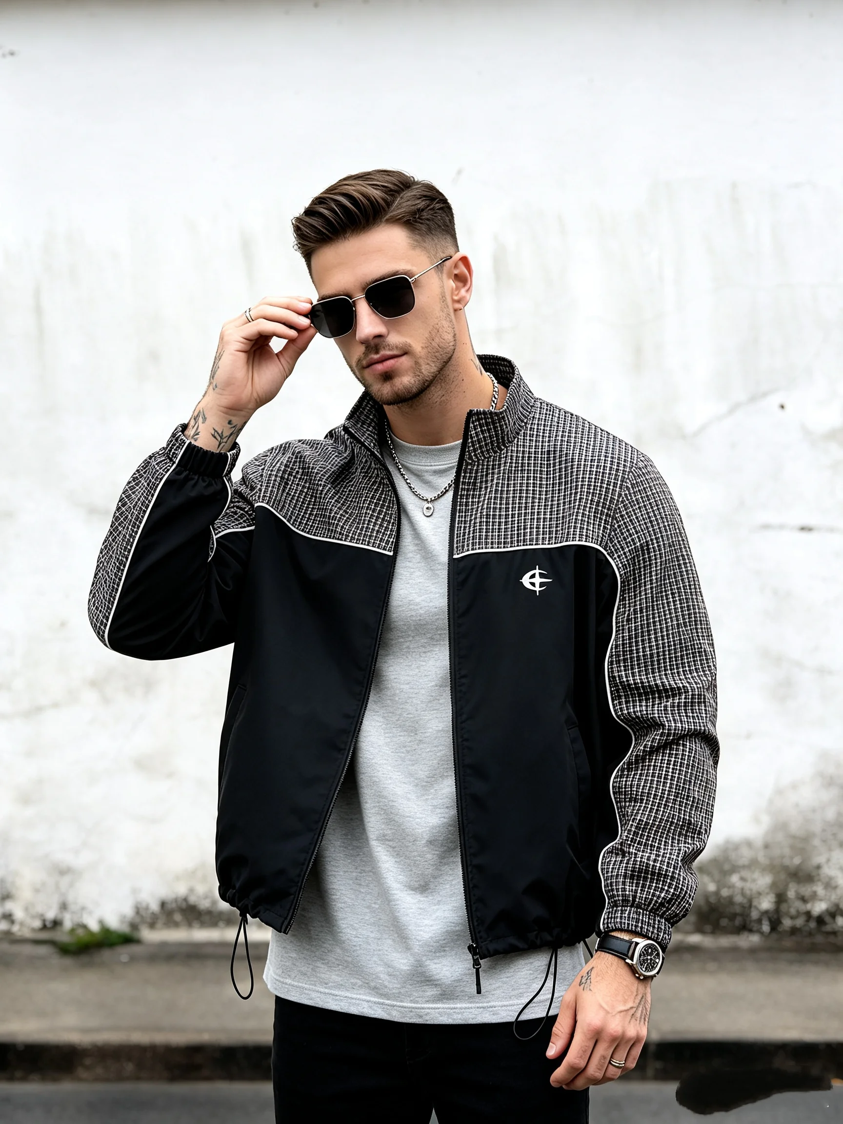 Men's Half‑Zip Pullover Jacket Plaid Spliced Windbreaker Stand Collar Drawstring Hem Casual Streetwear Outerwear