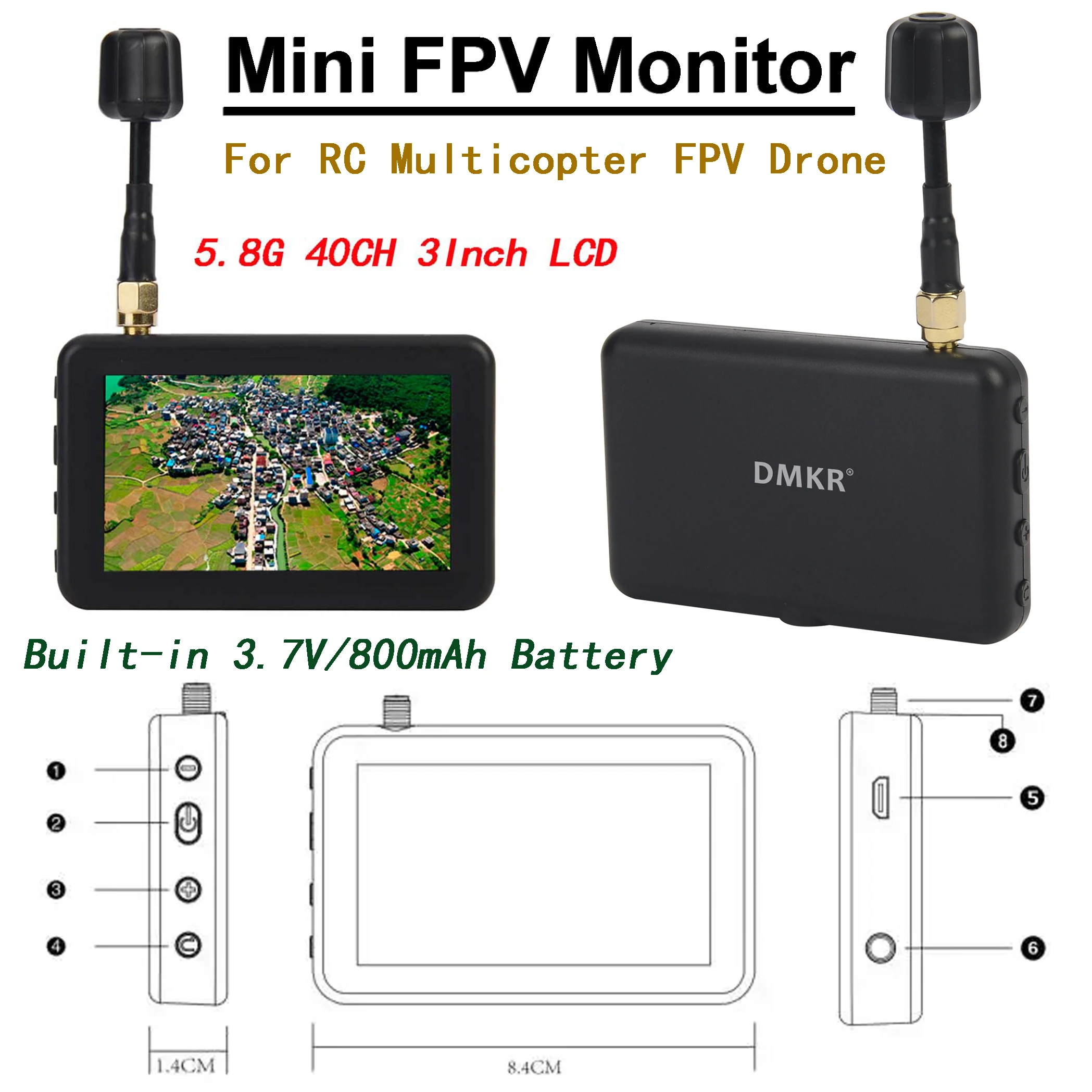 

DMKR 5,8 ГГц 40-канальный приемник Мини-монитор FPV 3,0-дюймовый ЖК-дисплей 16:9 Встроенный аккумулятор Автоматический поиск для RC Мультикоптера FPV Дрон