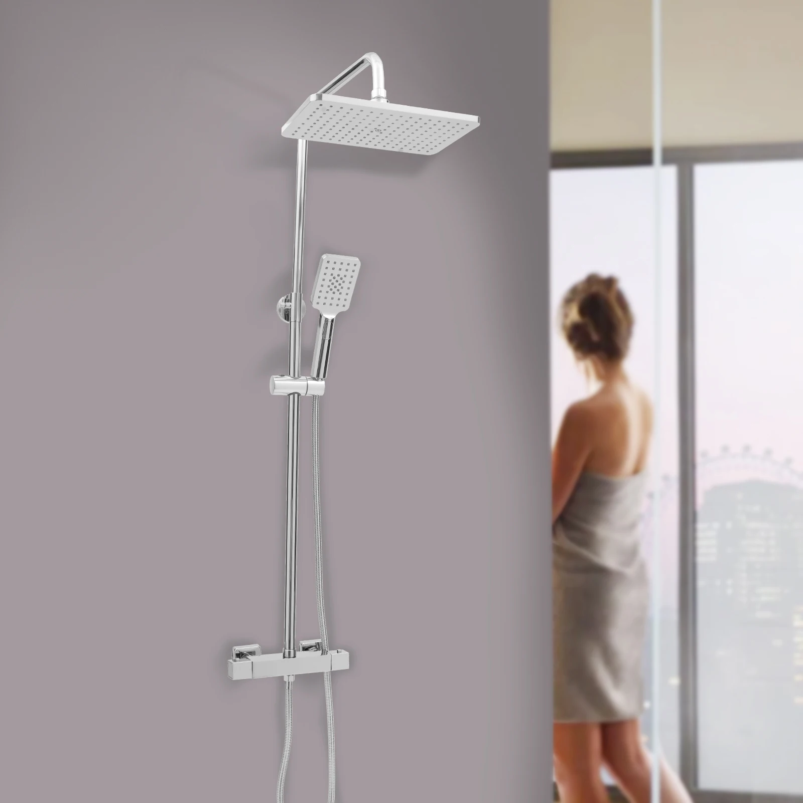 Square Thermostatic Shower Faucet with Shower Set, Bathroom Luxury Rain Shower Faucet Combo Set, Wall Mounted Rainfall Shower He