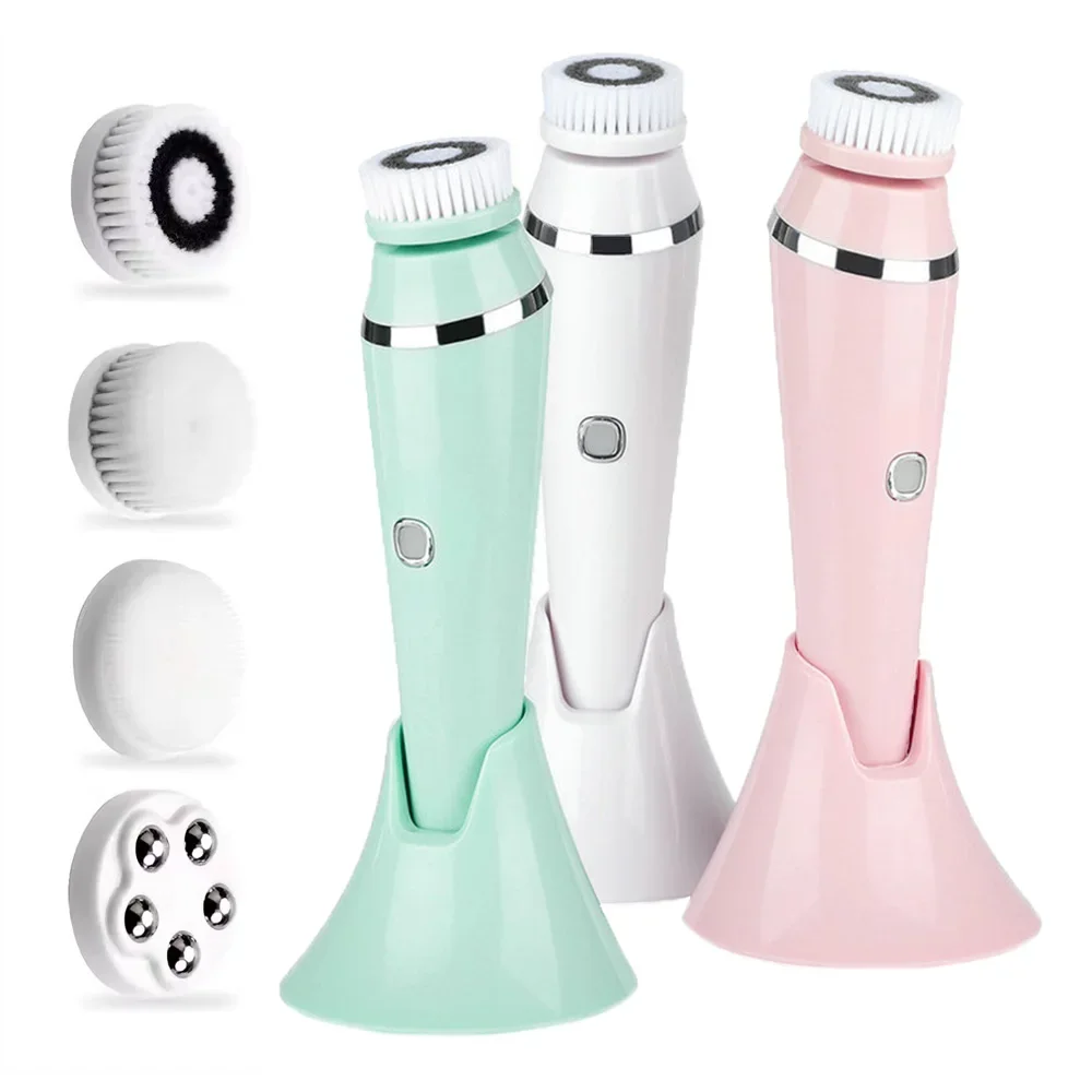 4 IN 1 Electric Clean Facial Brush Face Tightening Exfoliating Cleansing Sonic Massager Cleaner With 4 Heads Kits Face Skin Care