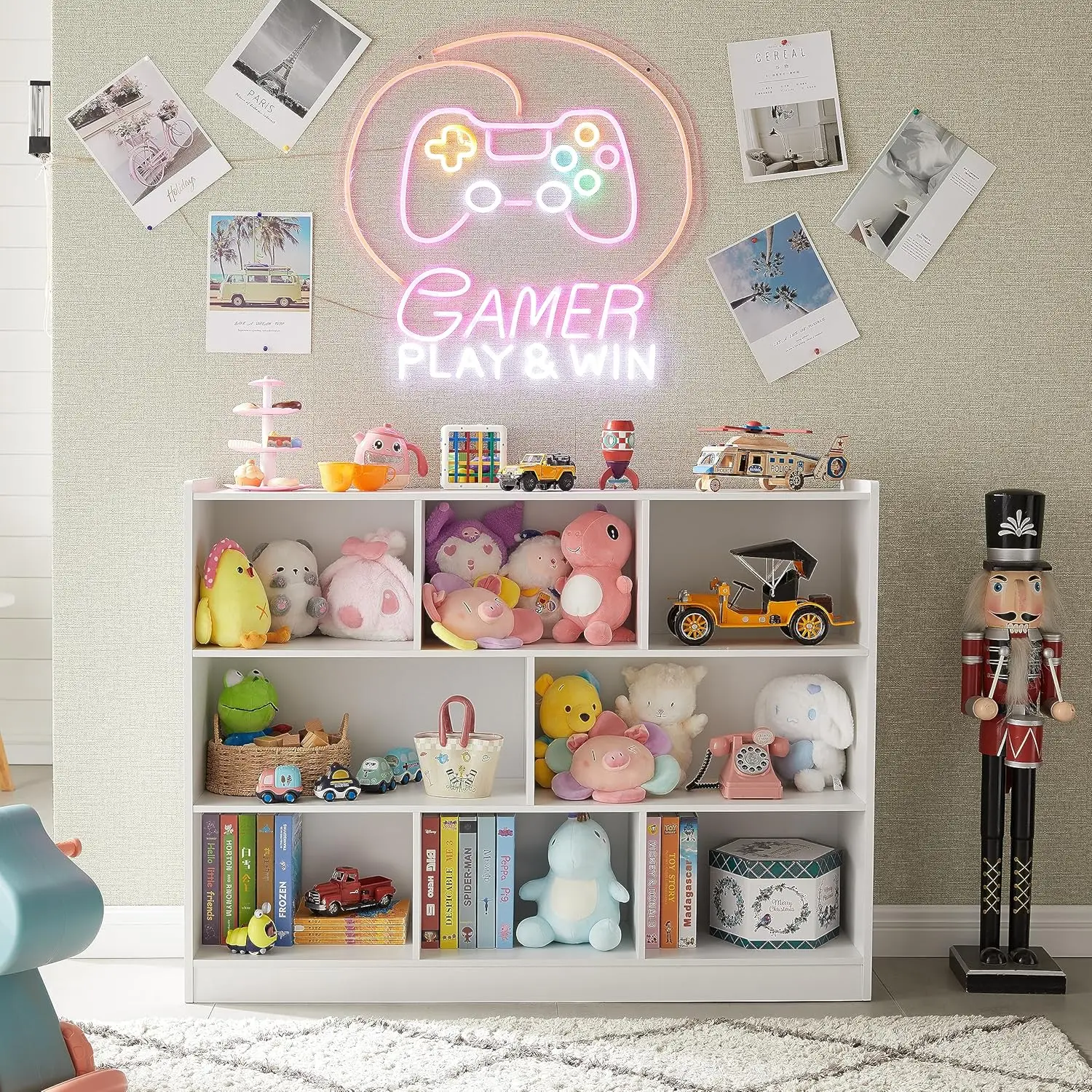 رف كتب خشبي من 3 طبقات، خزانة تخزين مكونة من 8 أقسام، باللون الأبيض