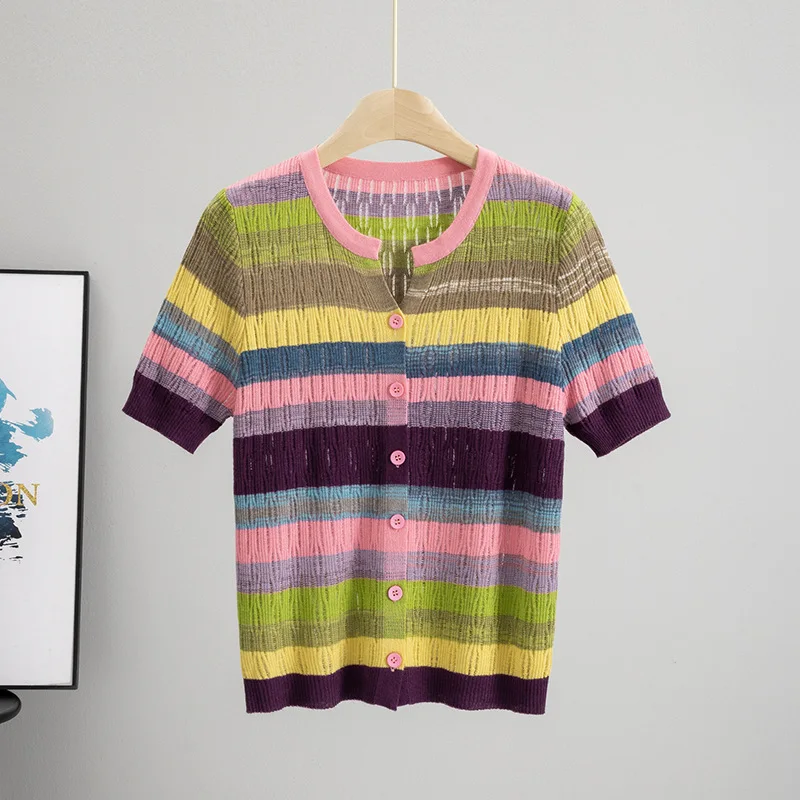

Hollow Out Rainbow Stripe Knitted Cardigan Women Fashion Slim Short Sleeves Knitwear Coat Trendy Streetwear Female Clothing New