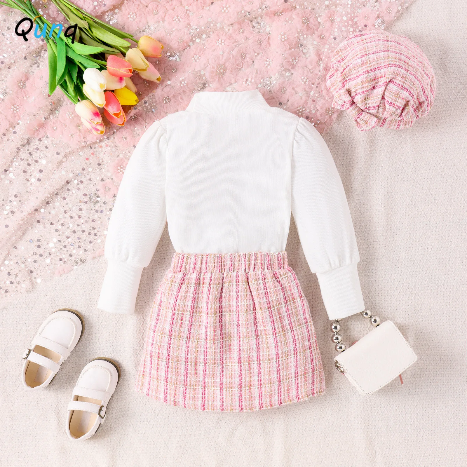 Qunq 2023 Autumn Winter Girls Solid Turtleneck Long Sleeves Top + Plaid Skirt And Cap 3 Piece Set Casual Kids Cothes Age 3T-8T