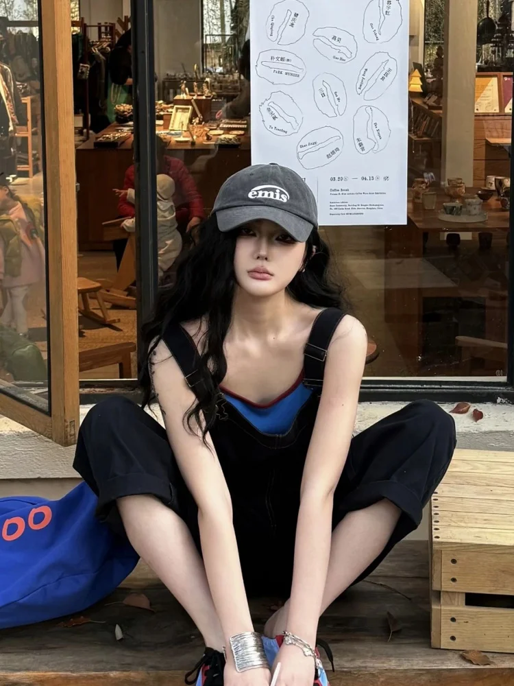 ชุดเอี๊ยมยีนส์อเนกประสงค์สไตล์ฮ่องกง พร้อมเสื้อกล้ามด้านใน ดีไซน์หลวมสไตล์ชุดทำงาน กางเกงขายาวเอวสูง ชุดสูทผู้หญิง