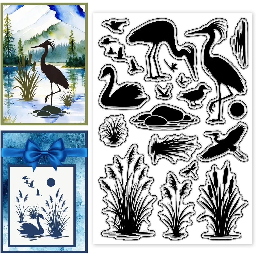 Wetlands Birds Pattern Clear Stamps Reeds Silicone Stamp Seal for DIY Scrapbooking and Card Making Paper Craft Decor