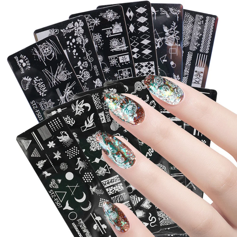 New Nail Stamping Plates Nail Art Transfer Templates Spring Flower Snake Pattern Image Geometric Rhombus Printing Templates