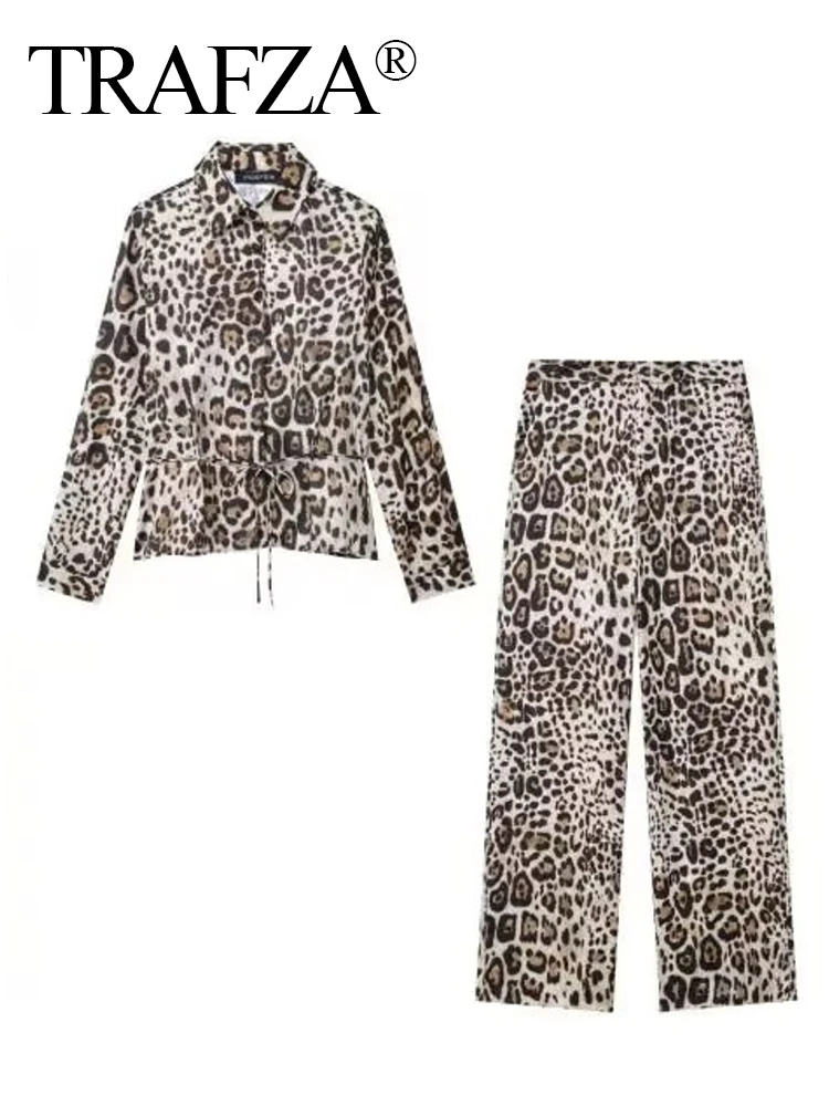 TRAFZA 2024 Women Leopard Print Shirt Pant Set Vintage Lace Up Long Sleeves Shirts Top+High Waist Baggy Pants Suits traf