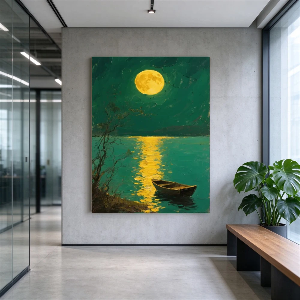 Hand Painted Oil Painting Canvas Wall Art Moon Lake Night Green Gold Luxury Modern Textured Home Decor Living Room Art