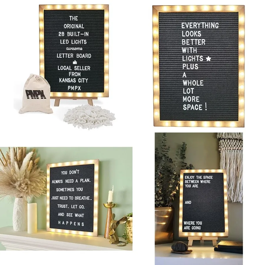 Letter Board THE ORIGINAL Felt Board with Stand, Built-in LED Lights 12 x 16 -Menu Board + Wood Frame, 690 Letters, Emojis + Cu