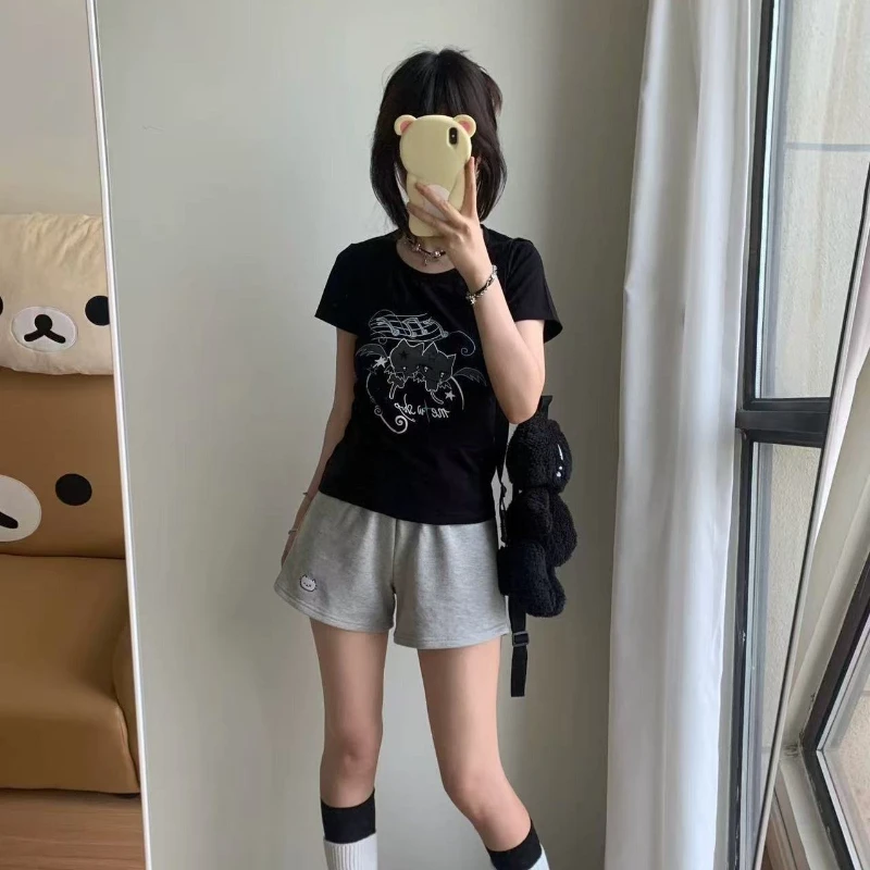 

Kawaii Japanese O Neck Short Sleeve All Match T Shirtsy2k Aesthetic Constrast Color Cute Print Slim Grunge Punk Clothes Base Top
