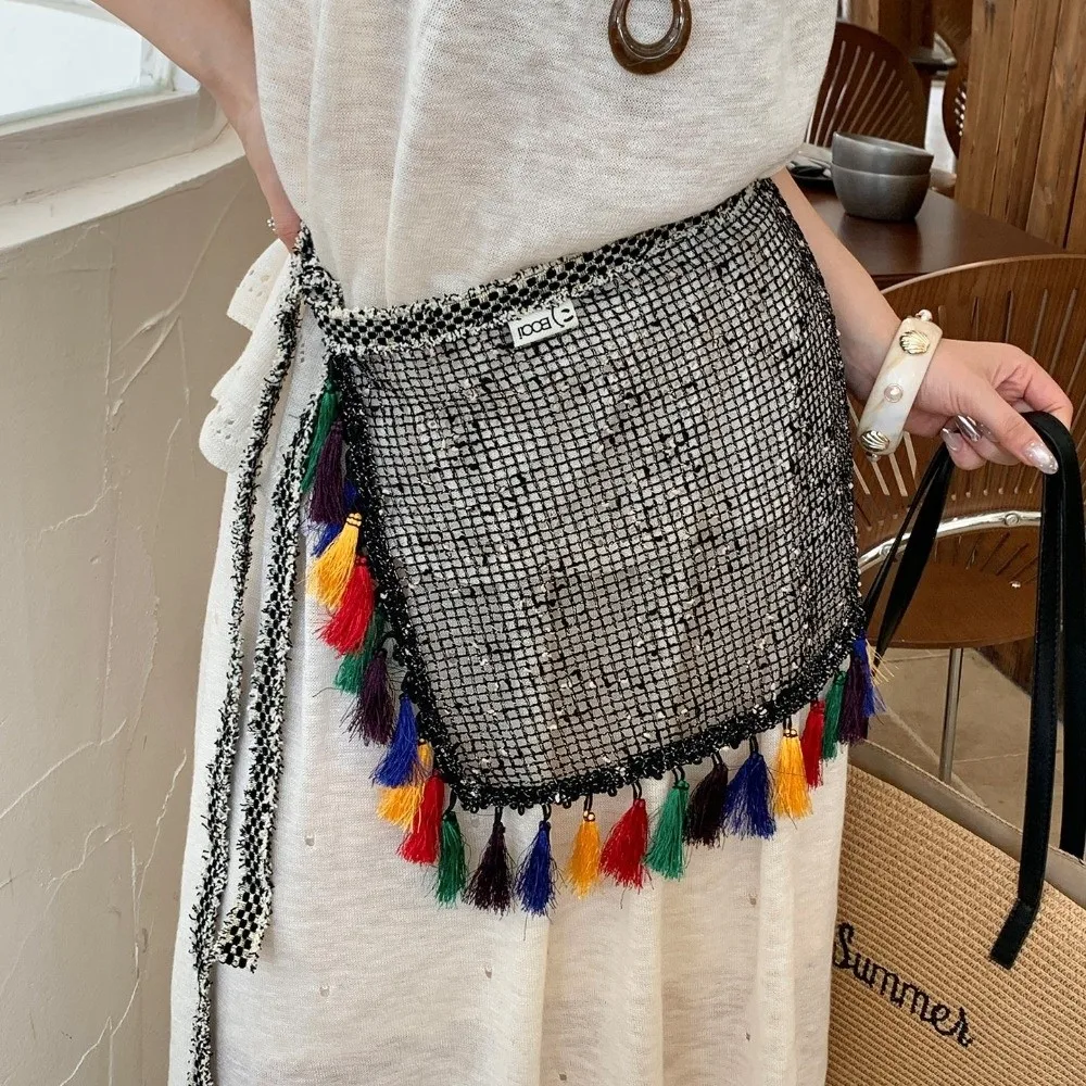 Mini Skirt Hollow Fringed Hip Panel Retro Ethnic Style Butt Curtain for Women Versatile Decor Apron Wrap Skirt Dress Accessories