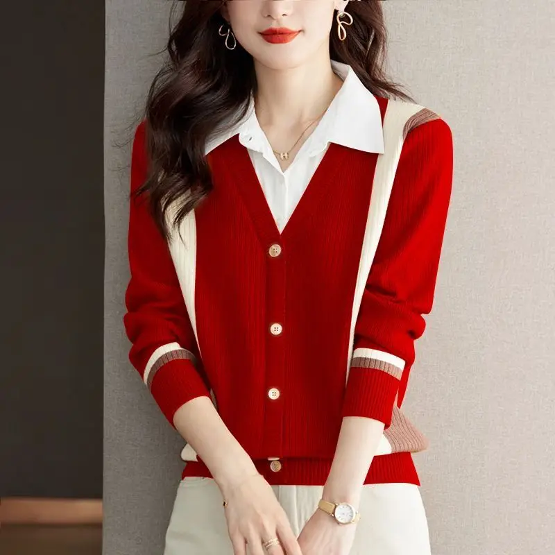 Spring and Autumn Women's Contrast Polo Neck Long Sleeve Fake Two Pieces Knitted Single Treated Fashion Casual Office Lady Tops