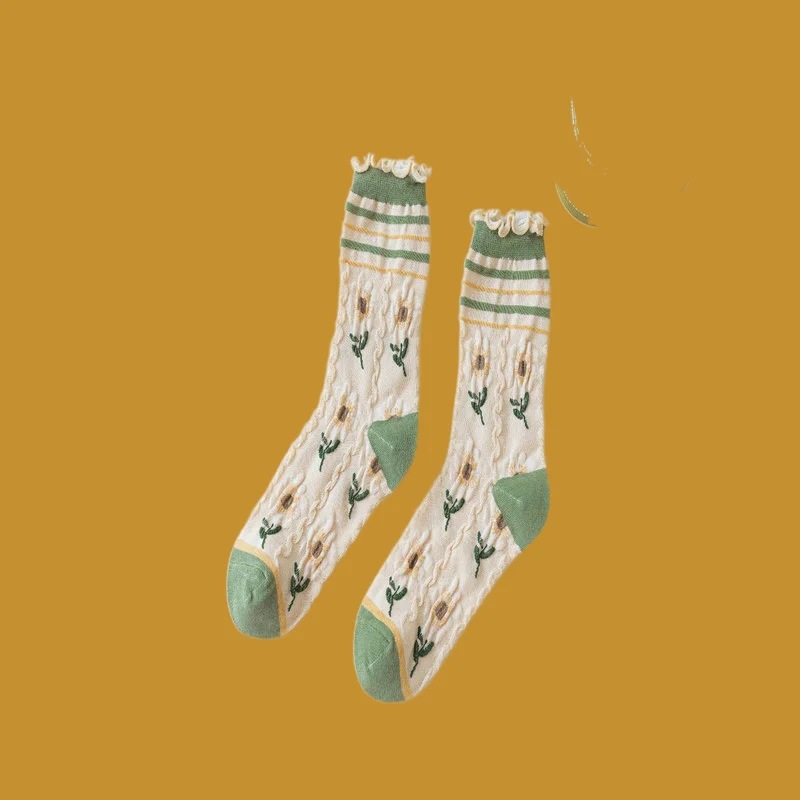 Calcetines de tubo medio de estilo forestal para mujer, medias de encaje japonés con boca de burbuja, primavera y verano, 1/3 pares