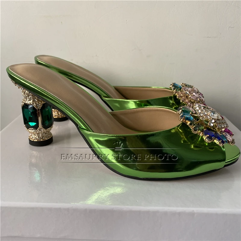 Colorful Crystal Diamond Buckle Decor Sandals Women Jeweled Rhinestone High Heel Patent Leather Slingbacks Summer Shoes