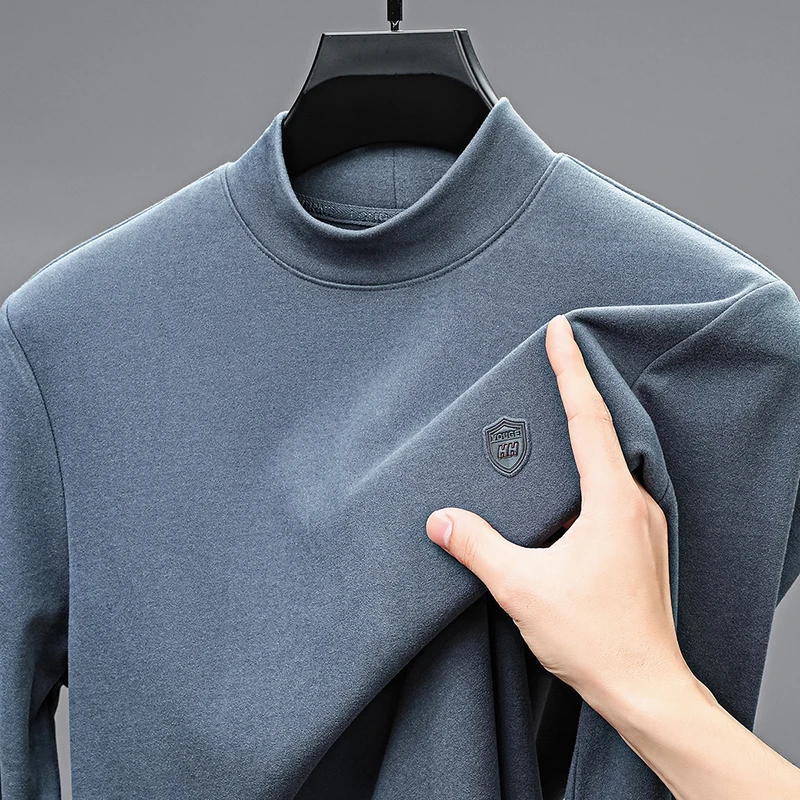 Men's autumn winter high quality Velvet Fleece long sleeves T-shirt mock neck versatile keep warm base layer leisure fashion top