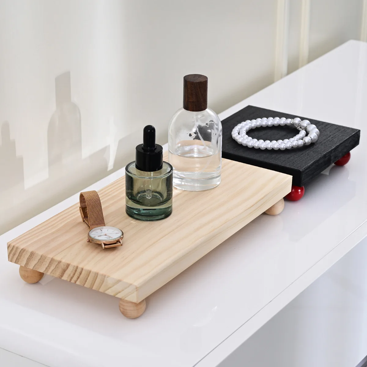 Wooden Makeup Organizer Tray Rectangle Decorative Tray for Perfume Cosmetics Storage Desktop
