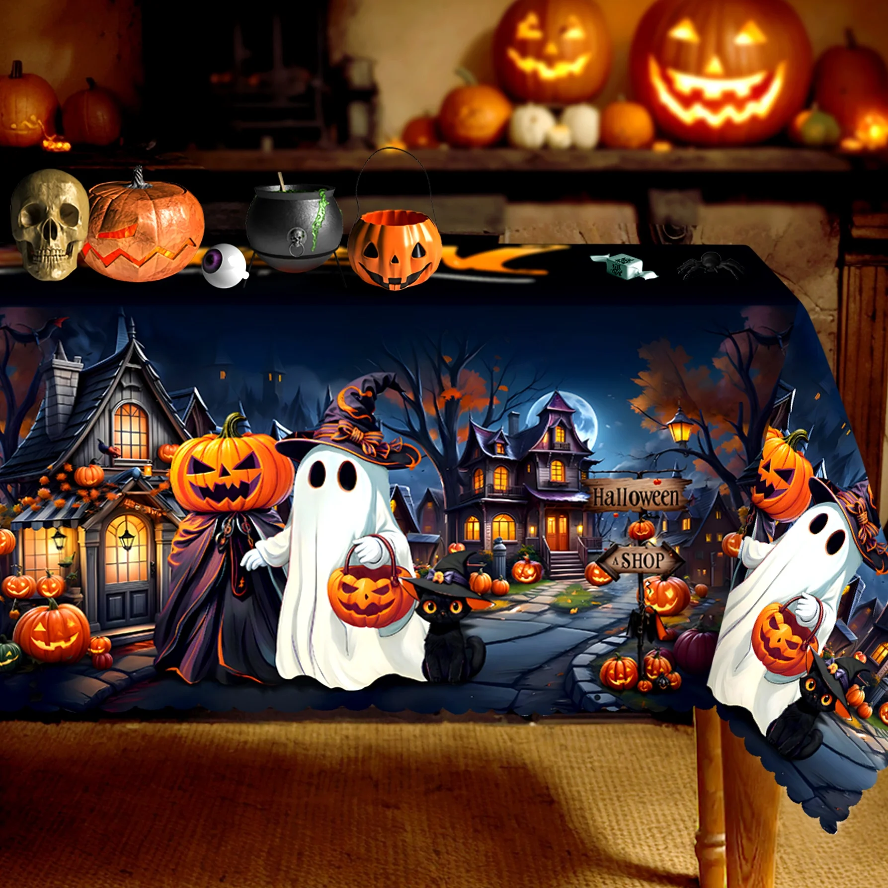 Happy Halloween tablecloth, ghost pumpkin, black cat, castle, bat, pumpkin lantern, moon designzyc