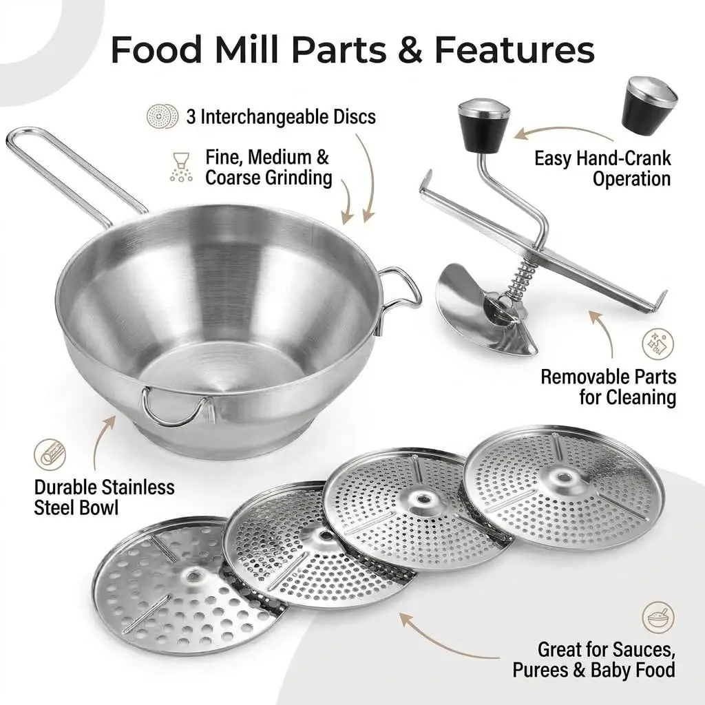 Stainless Steel Food Mill Heavy-Duty Hand Crank Food Mill with 3 Interchangeable Discs Manual Food Strainer Tomato Sauce Mashed