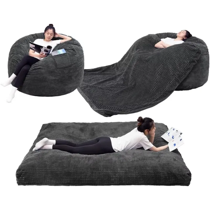 Bean Bag Chair/Bed Transformable Giant with Washable Plush Velvet (Grey, Full)