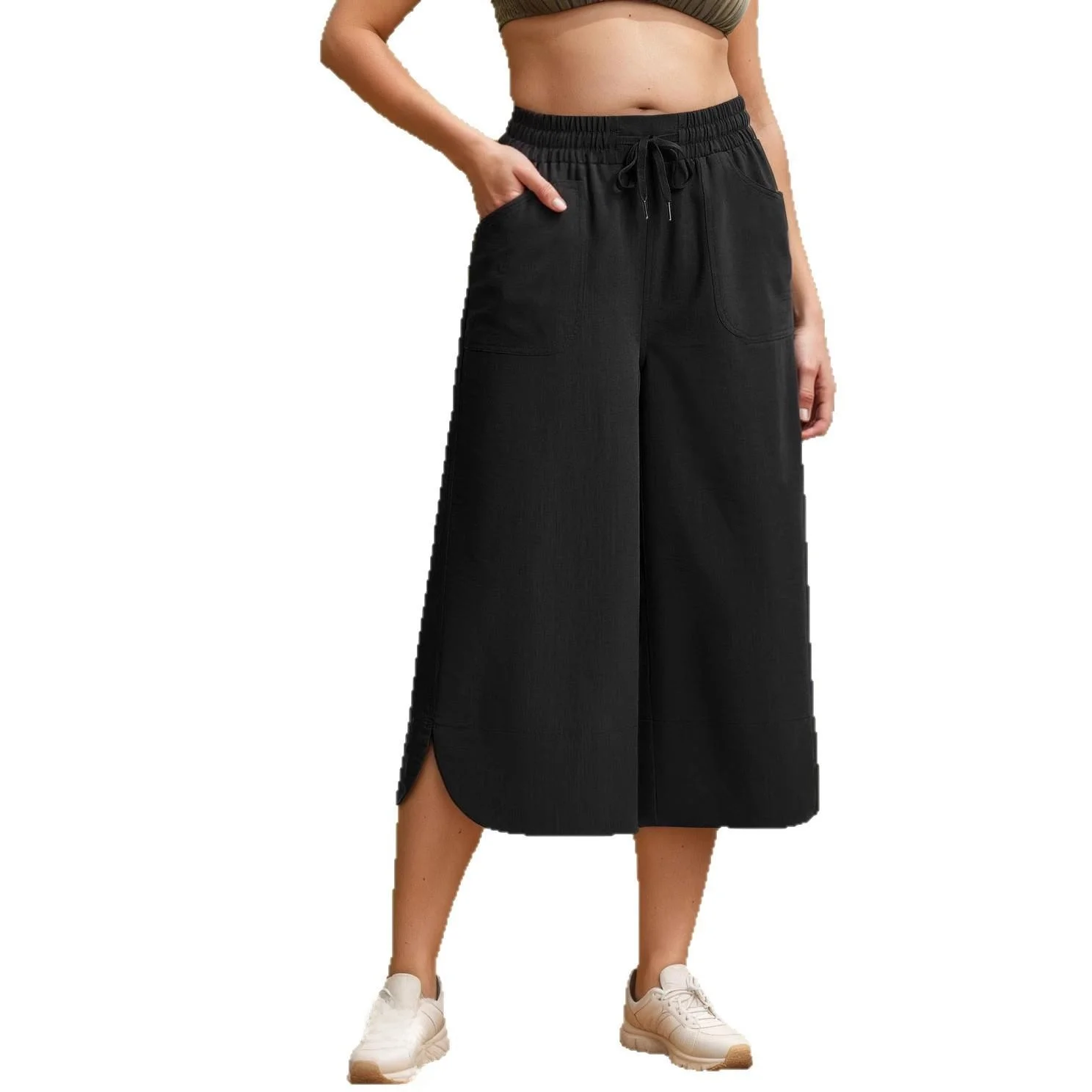 캐주얼 엘라스틱 웨이스트 솔리드 컬러 와이드 레그 세븐풋 팬츠 여성용 루즈핏 봄 여름 가을 롱 슬리브 의류 세트