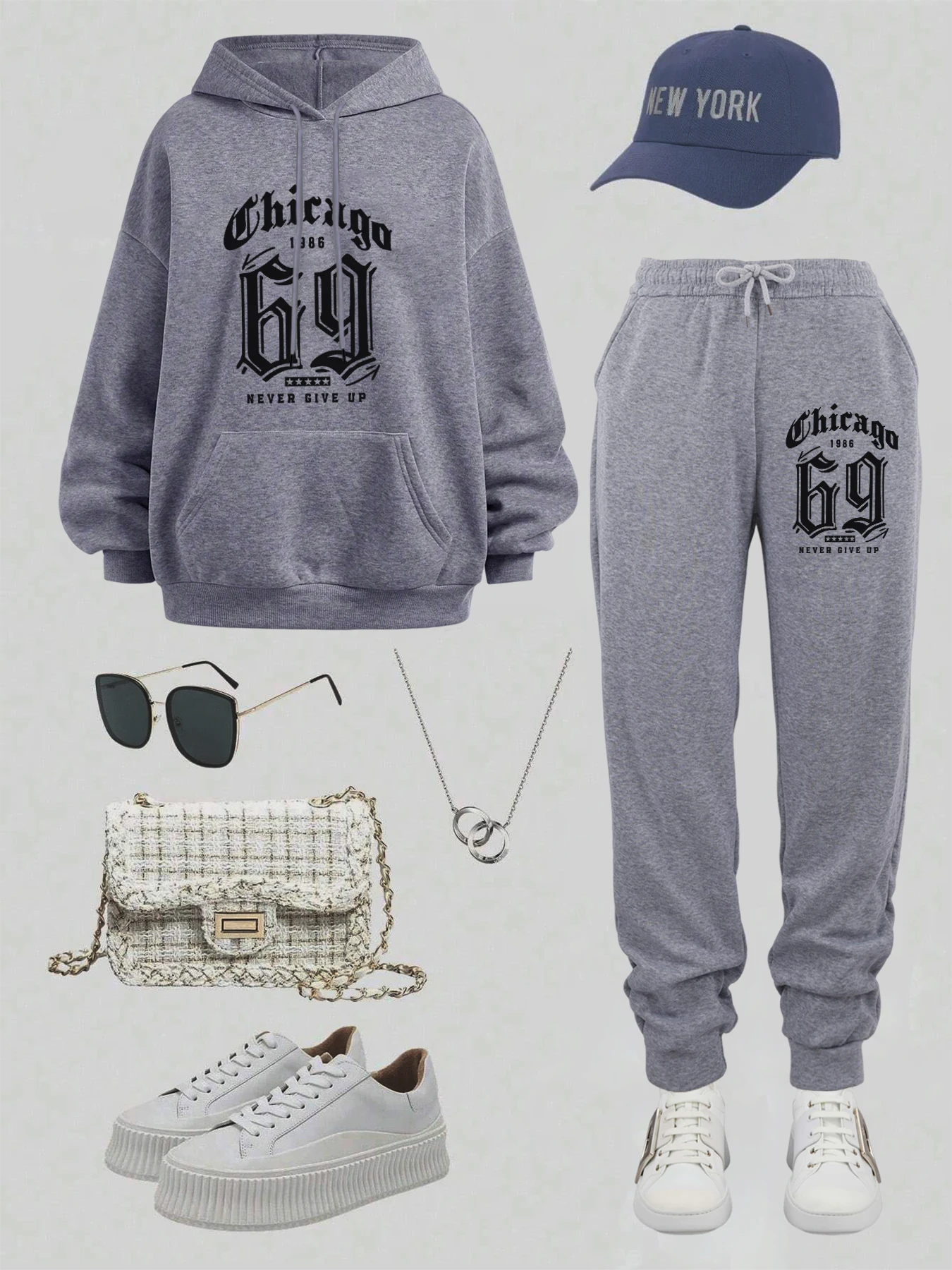 Chicago Never Give Up Stampe Set con cappuccio alla moda Sport Autunno Pullover morbido Comodo pantalone da jogging in pile Tasca per abiti da strada