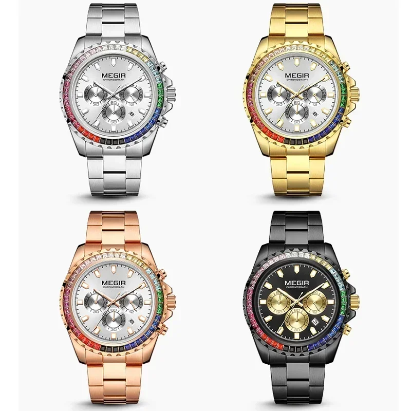 Reloj MEGIR con cronógrafo de cuarzo y diamantes de imitación de lujo de oro rosa para hombre, reloj de pulsera analógico deportivo luminoso de acero inoxidable para hombre, 24 horas