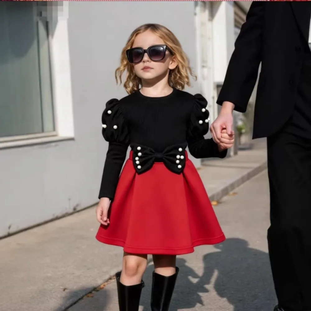 Kids Fashion Princess Dress Girls Black Red Patchwork Long Sleeve Beaded Waist Cinched Flared Skirt Spring Autumn Wear