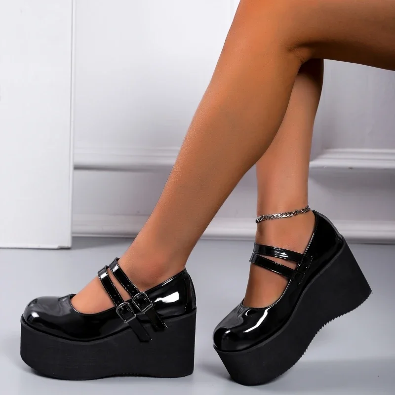 

Lolita Cute Mary Jane Pumps Women's Shoes 2023 Trend Platform Wedge Heels Lolita Single Shoes Black PU Leather Sweet Student 42