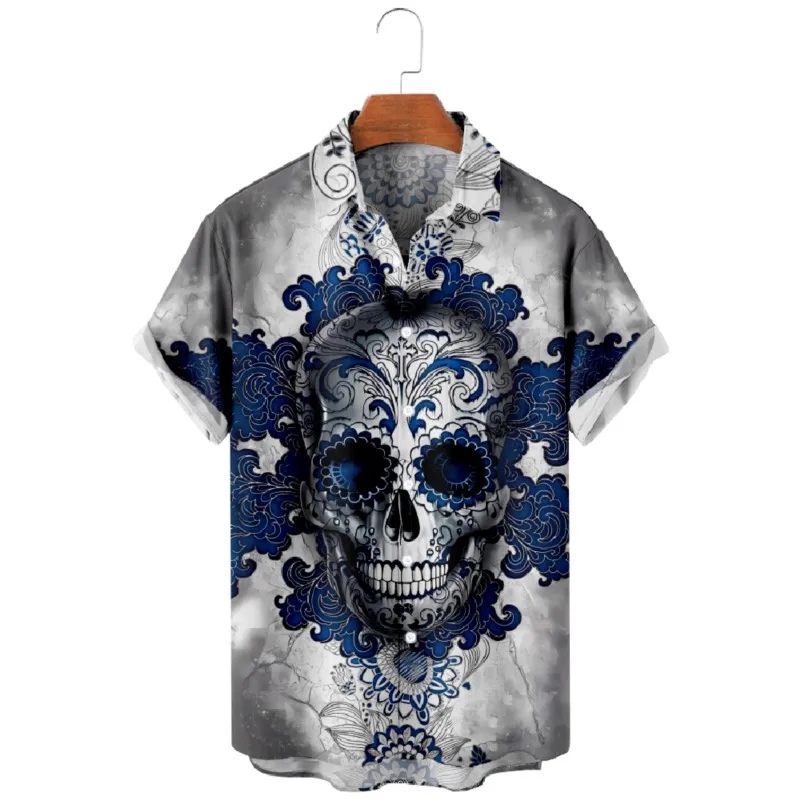 

Skull Print Shirts For Men Hawaii Summer Casual Short Sleeve High Quality Streetwear Halloween Beach Tops Clothing